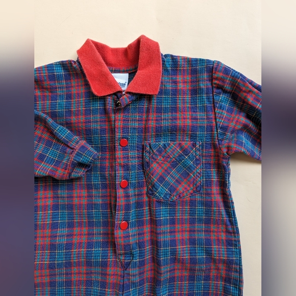 Vintage OshKosh USA Romper Overalls Blue Red Plaid Size 18 Months Made in USA - Picture 4 of 11
